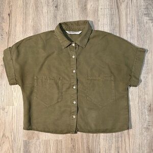 Zara Olive Green Short-Sleeve Button-Front Shirt